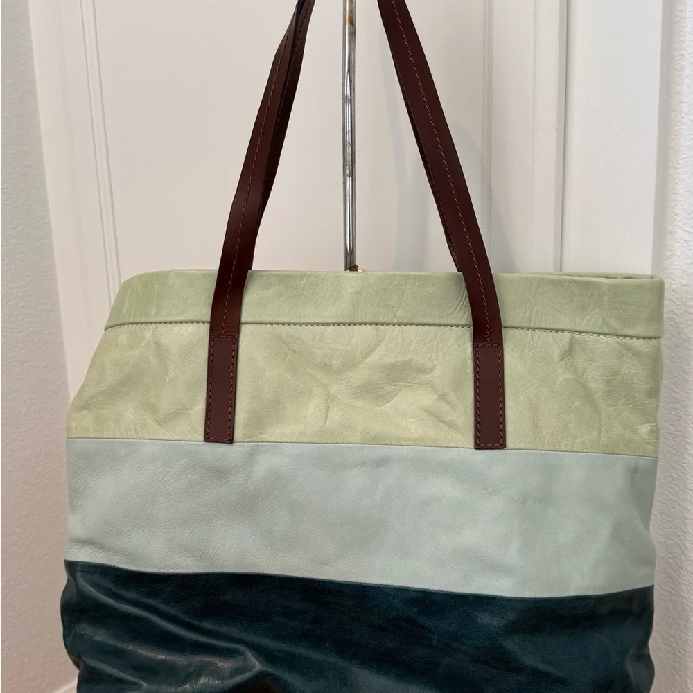 Maliparmi Tricolor Leather Tote in Mint, Sage and Dark Green with Brown Straps